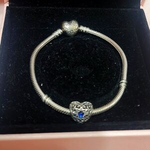 Silver Heart Charm Bracelet with Blue Accent